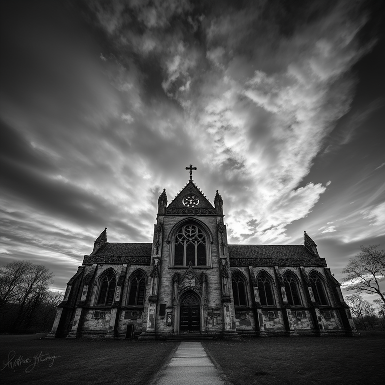 realistic photo, an abandoned Gothic cathedral, at dawn, with dramatic cloud formations, monochrome black and white, telephoto compression, natural light, award-winning composition, romantic and dreamy