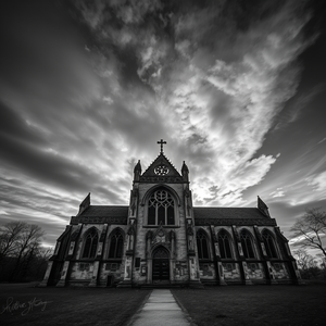realistic photo, an abandoned Gothic cathedral, at dawn, with dramatic cloud formations, monochrome black and white, telephoto compression, natural light, award-winning composition, romantic and dreamy