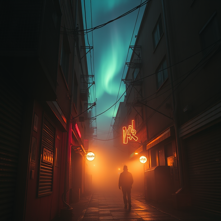 cinematic shot, a neon-lit cyberpunk alleyway, in early morning mist, with aurora in sky, golden warm palette, low angle dramatic perspective, natural light, masterpiece quality, melancholic and contemplative