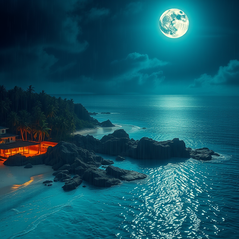 concept art, a tropical beach with turquoise water, under a full moon, with rain reflections, vibrant saturated colors, aerial drone perspective, rim lighting, ultra high resolution, dark and moody