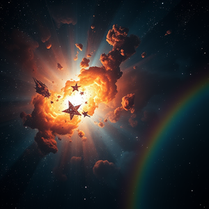 abstract art, a deep space nebula with stars, during a storm, with rainbow in background, high contrast, macro extreme close-up, dramatic side lighting, award-winning composition, energetic and vibrant