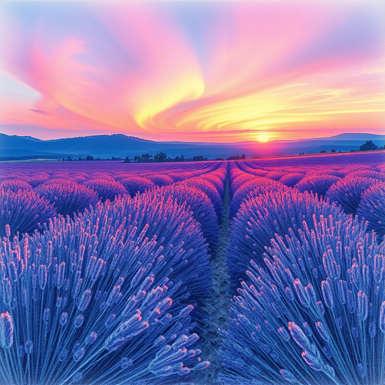pencil sketch, a lavender field in Provence, at sunset, with aurora in sky, cool blue tones, wide angle view, neon glow, highly detailed, cozy and warm