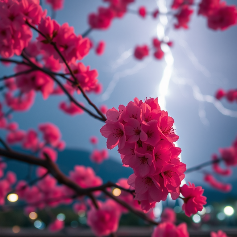 retro vintage photo, a cherry blossom tree in full bloom, at midday, with lightning in distance, vibrant saturated colors, telephoto compression, neon glow, ultra high resolution, romantic and dreamy