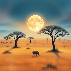 watercolor painting, an African savanna with acacia trees, under a full moon, with rain reflections, pastel soft colors, panoramic view, neon glow, RAW photo, romantic and dreamy