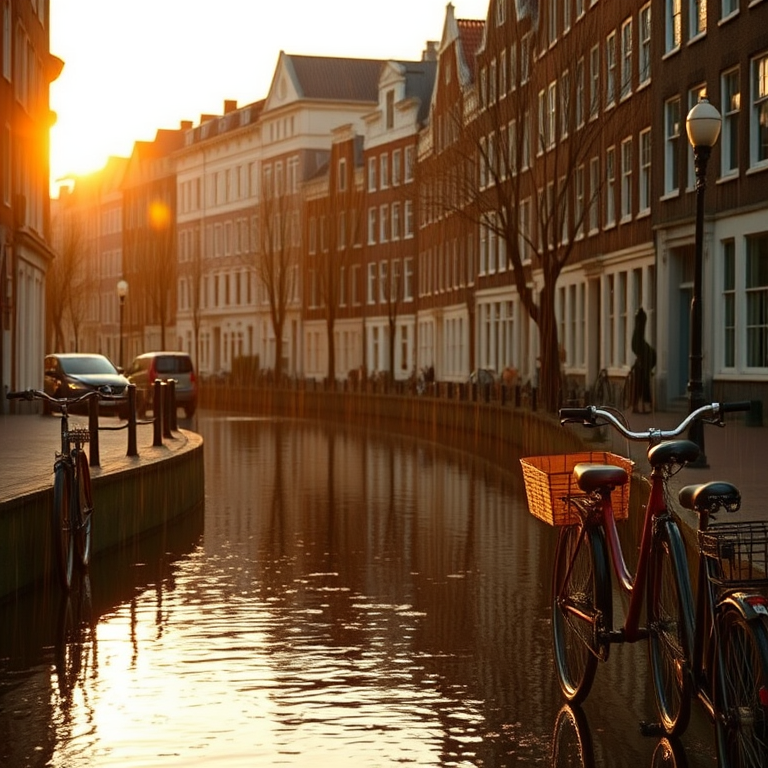 minimalist design, an Amsterdam canal with bicycles, at sunrise, with rain reflections, golden warm palette, low angle dramatic perspective, rim lighting, professional photography, melancholic and contemplative