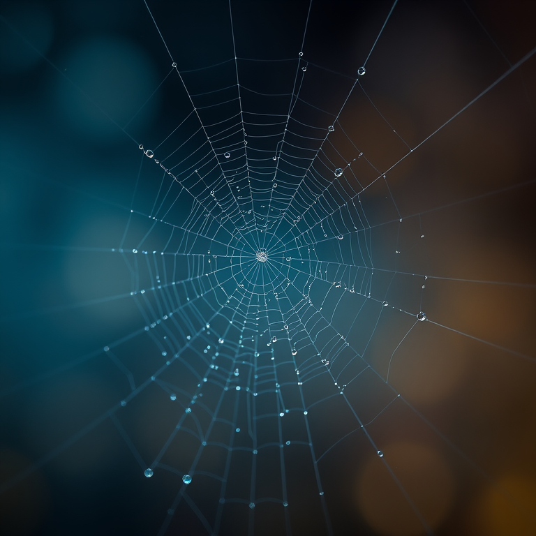 abstract art, a macro shot of morning dew on spider web, at night under stars, with misty atmosphere, vibrant saturated colors, telephoto compression, soft diffused lighting, award-winning composition, awe-inspiring and grand