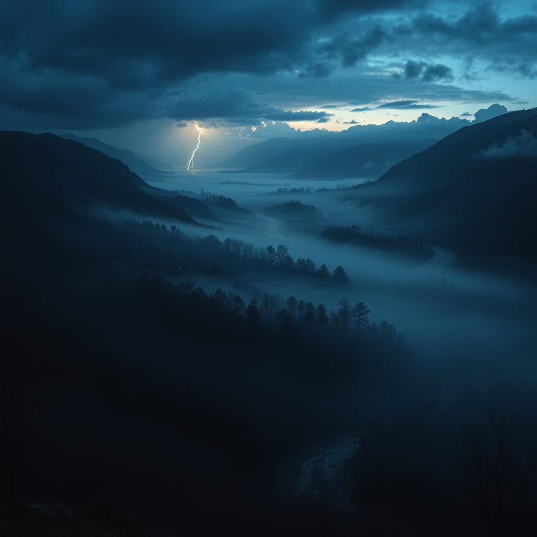 oil painting, a misty river valley at dawn, at blue hour, with lightning in distance, deep rich jewel tones, panoramic view, moody atmospheric lighting, ultra high resolution, melancholic and contemplative