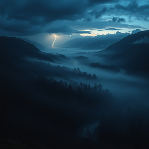 oil painting, a misty river valley at dawn, at blue hour, with lightning in distance, deep rich jewel tones, panoramic view, moody atmospheric lighting, ultra high resolution, melancholic and contemplative
