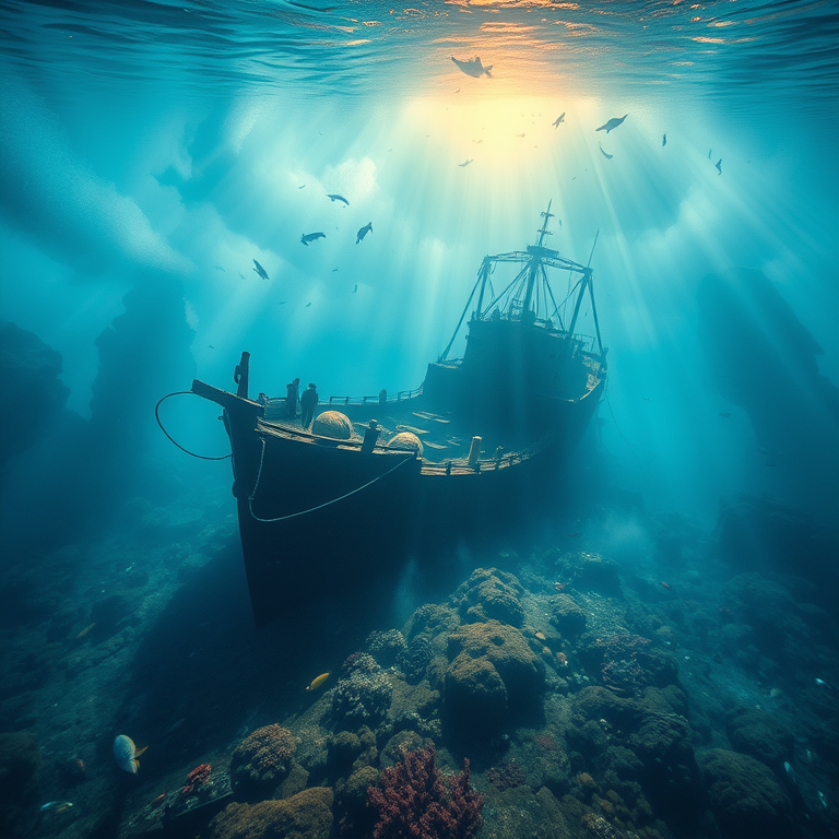 impressionist painting, an underwater shipwreck with marine life, in early morning mist, with misty atmosphere, vibrant saturated colors, aerial drone perspective, natural light, masterpiece quality, energetic and vibrant