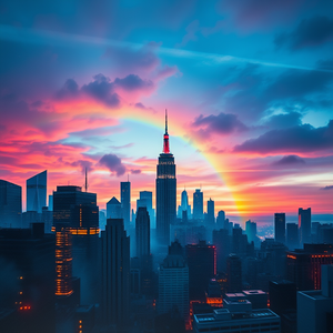watercolor painting, a futuristic city skyline, during twilight, with rainbow in background, deep rich jewel tones, macro extreme close-up, studio quality lighting, RAW photo, energetic and vibrant