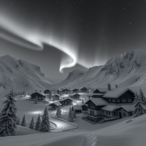 3D render, a snowy alpine village, at night under stars, with aurora in sky, monochrome black and white, wide angle view, natural light, 8K UHD, mysterious and ethereal