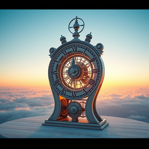 3D render, a steampunk clockwork mechanism, at sunrise, with clear blue sky, pastel soft colors, panoramic view, soft diffused lighting, professional photography, romantic and dreamy