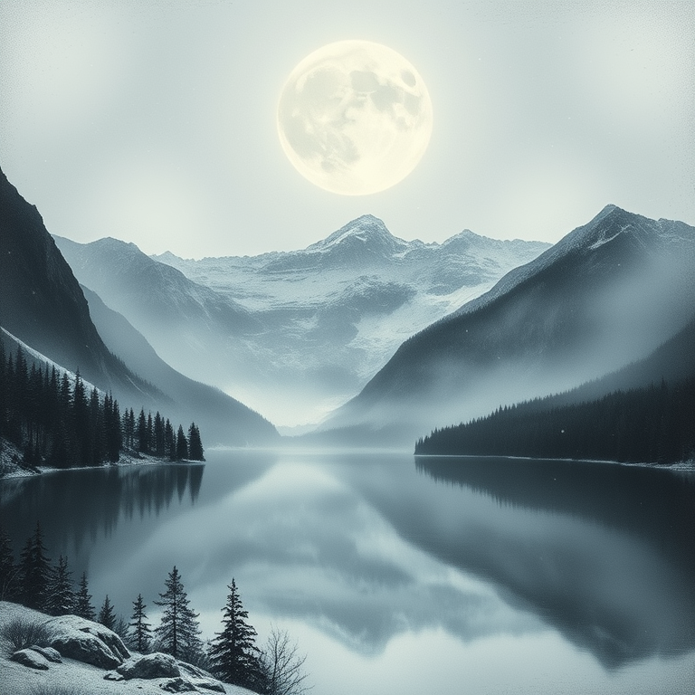 charcoal drawing, a serene lake reflecting mountains, under a full moon, with snow falling, pastel soft colors, panoramic view, volumetric light rays, professional photography, romantic and dreamy
