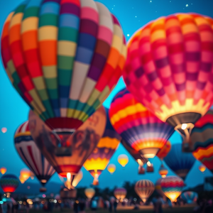 watercolor painting, a colorful hot air balloon festival, at night under stars, with clear blue sky, deep rich jewel tones, tilt-shift miniature effect, natural light, sharp focus, romantic and dreamy