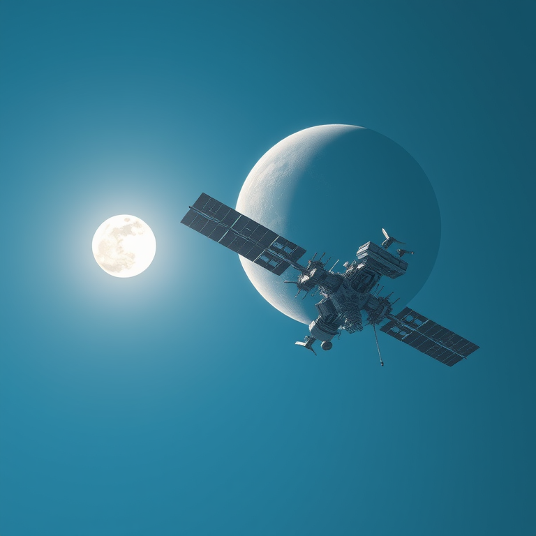 digital art, a space station orbiting Earth, under a full moon, with clear blue sky, pastel soft colors, low angle dramatic perspective, soft diffused lighting, 8K UHD, energetic and vibrant